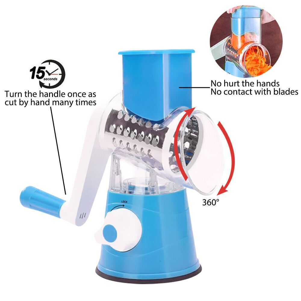 Versatile 3-in-1 Rotary Vegetable Slicer & Cheese Grater – Fast & Safe Food Prep with Free Shipping