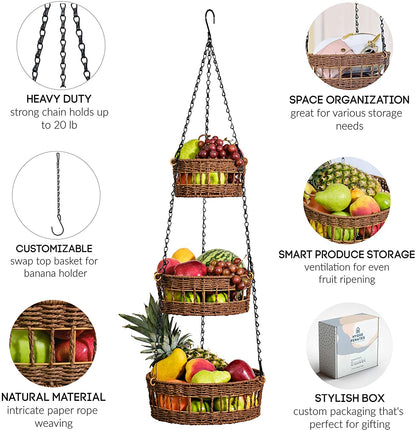 Multi-Tiered Wicker Fruit and Vegetable Organizer with Banana Holder - FREE SHIPPING