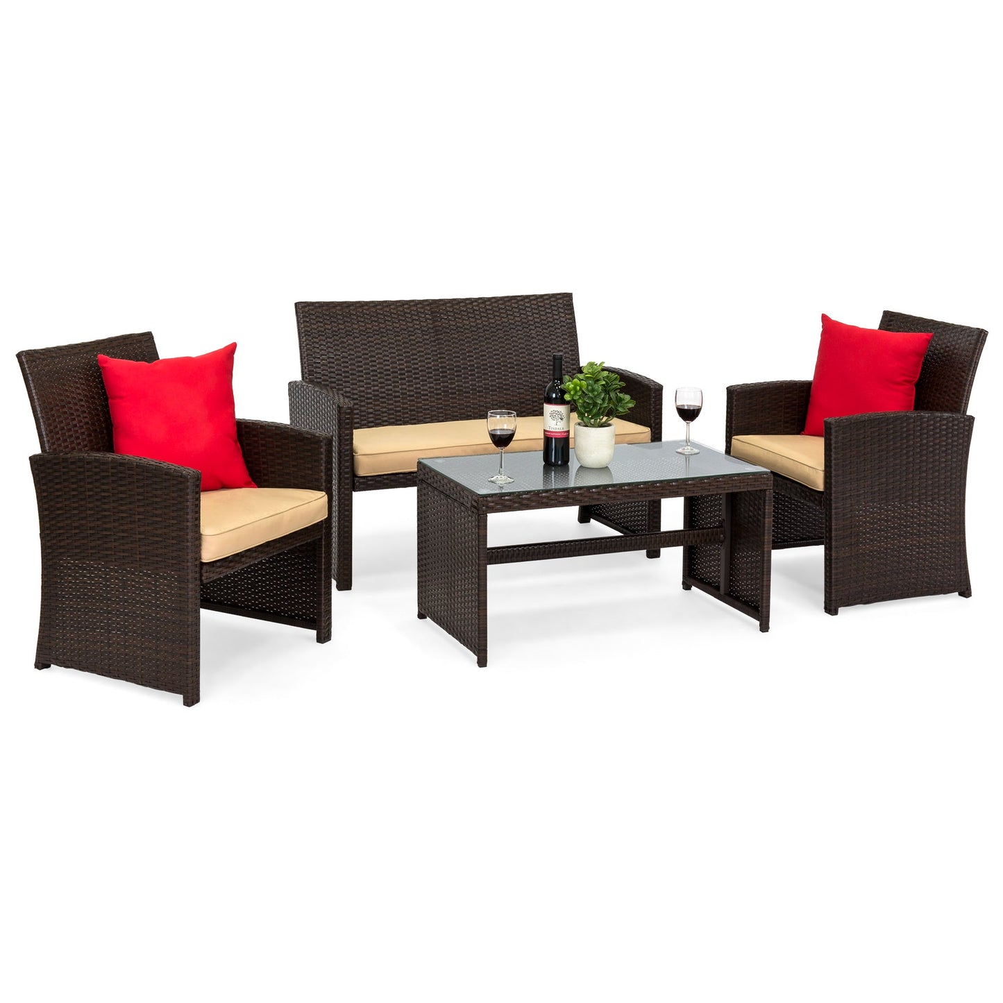 Modular 4-Piece Wicker Patio Conversation Set with Glass-Top Table and Cushions