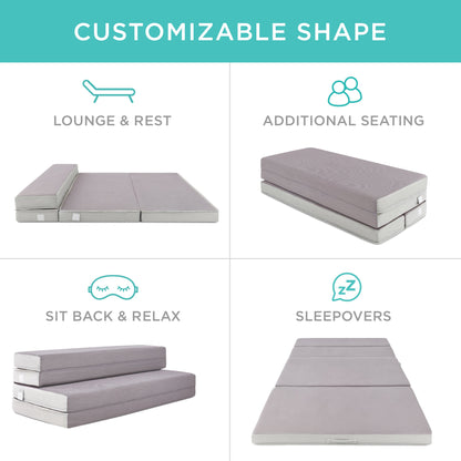 Folding Portable Gray Mattress Topper w/ Plush Foam - 4in