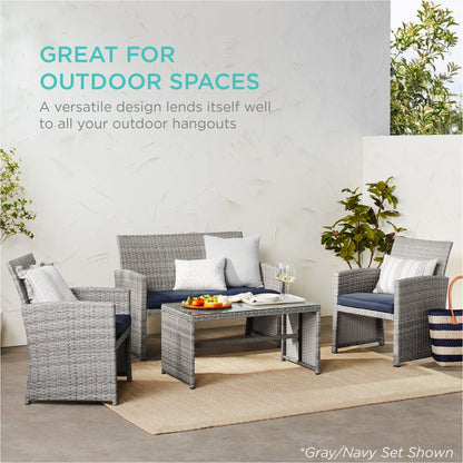 Modular 4-Piece Wicker Patio Conversation Set with Glass-Top Table and Cushions