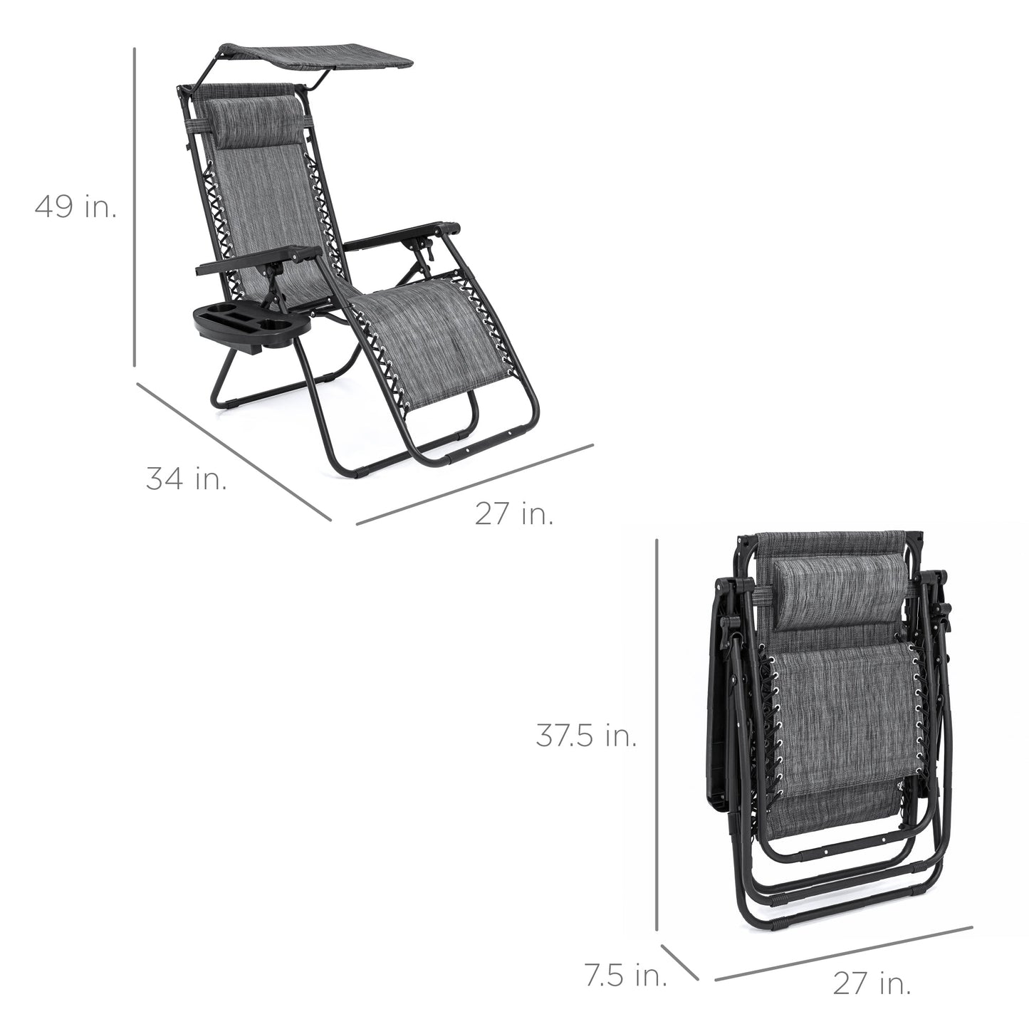 Folding Zero Gravity Recliner Patio Lounge Chair w/ Canopy, Side Tray