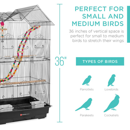 Indoor Outdoor Iron Birdcage w/ Removable Tray, 4 Feeders, 2 Toys - 36in