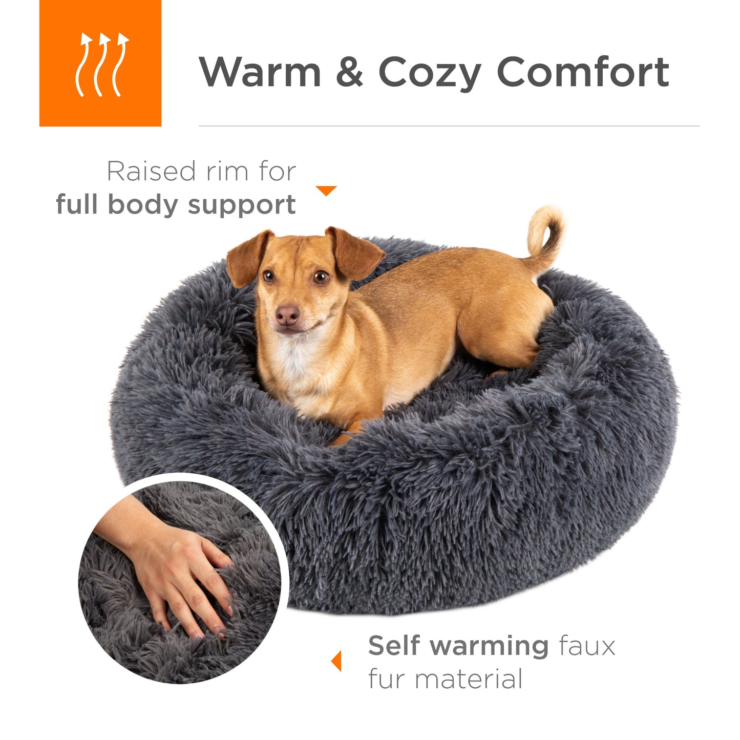 Self-Warming Shag Fur Calming Pet Bed w/ Water-Resistant Lining - Gray