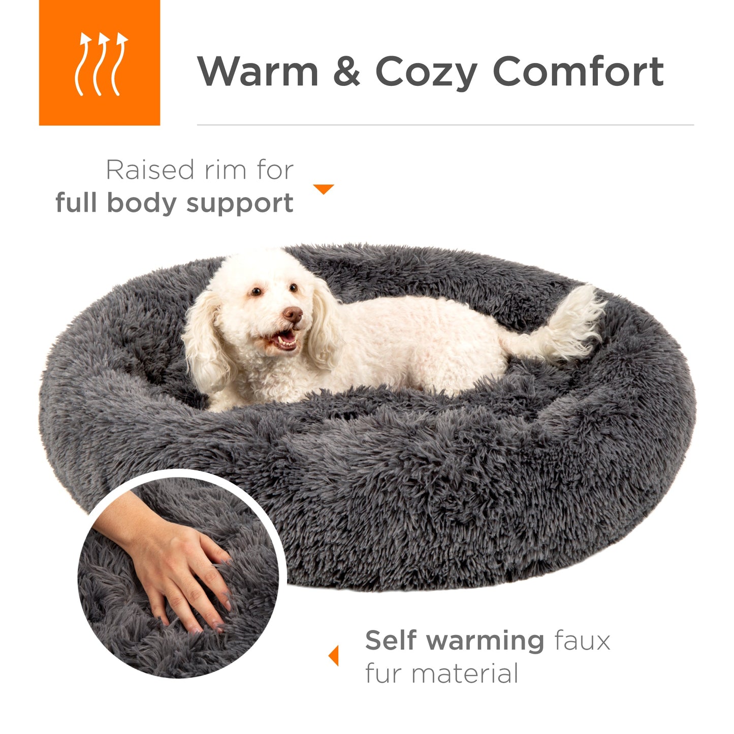 Self-Warming Shag Fur Calming Pet Bed w/ Water-Resistant Lining - Gray