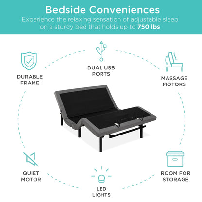 Smart Adjustable Bed Frame with Massage Function, Wireless Remote, and USB Charging Ports