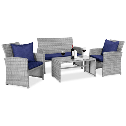 Modular 4-Piece Wicker Patio Conversation Set with Glass-Top Table and Cushions