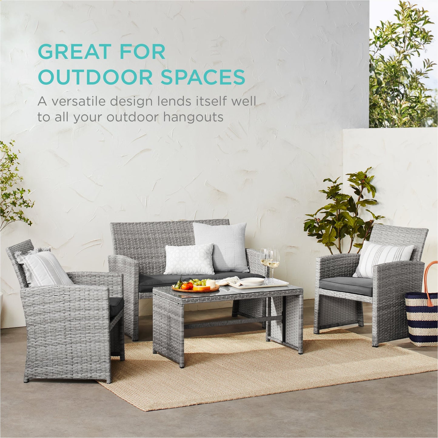 Modular 4-Piece Wicker Patio Conversation Set with Glass-Top Table and Cushions