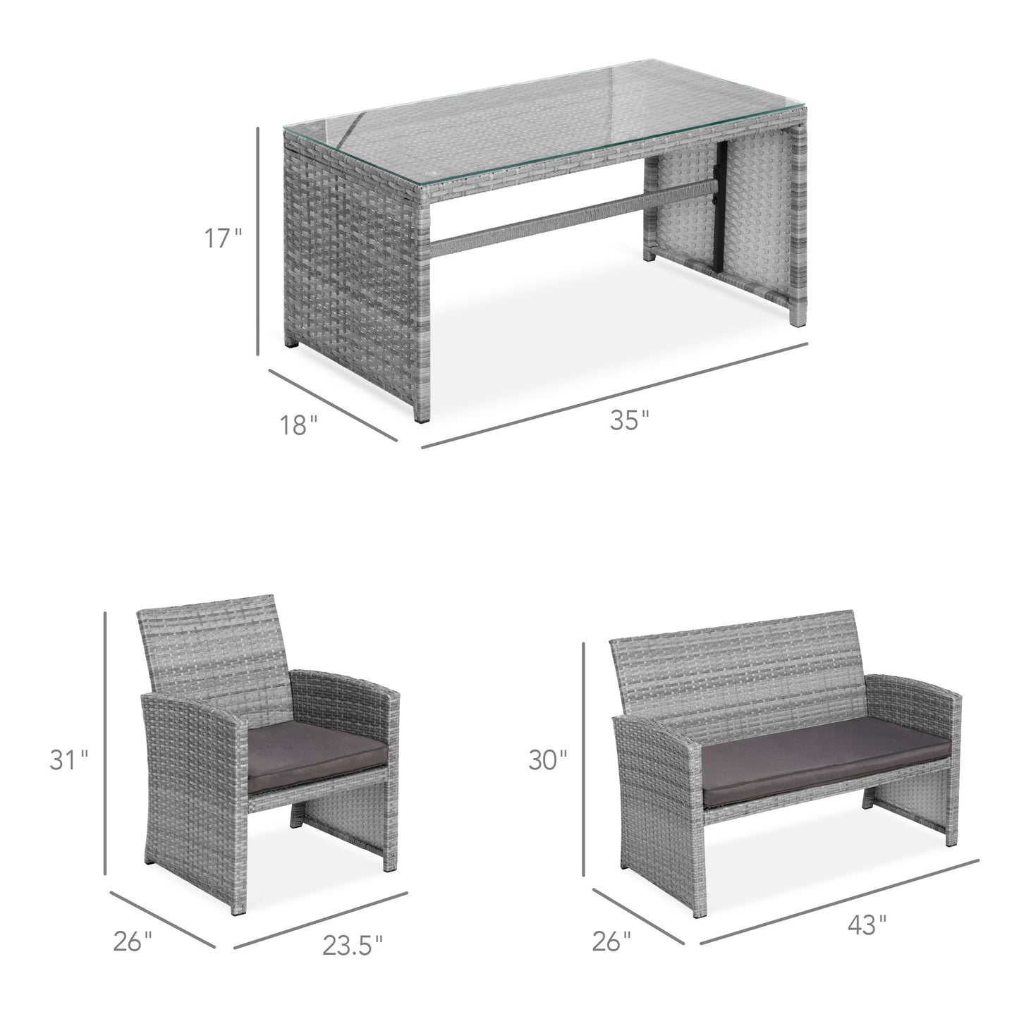 Modular 4-Piece Wicker Patio Conversation Set with Glass-Top Table and Cushions