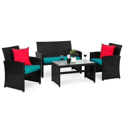 Modular 4-Piece Wicker Patio Conversation Set with Glass-Top Table and Cushions