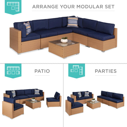 Modular 7-Piece Outdoor Wicker Sectional Set with Pillows and Cover