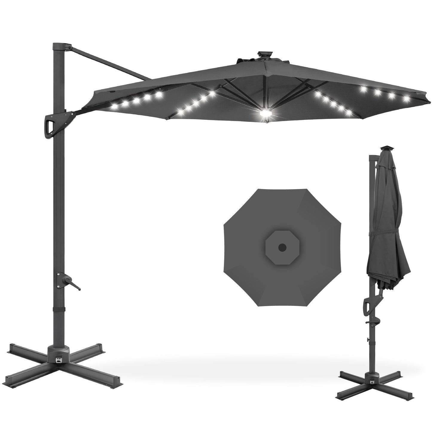 10ft 360-Degree Rotating Solar LED Offset Patio Umbrella with Adjustable Tilt