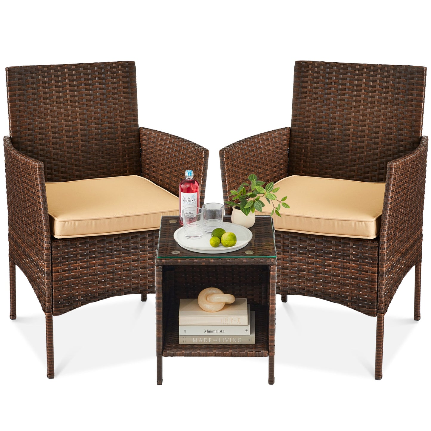 3-Piece All-Weather Wicker Bistro Set with Storage and Cushions