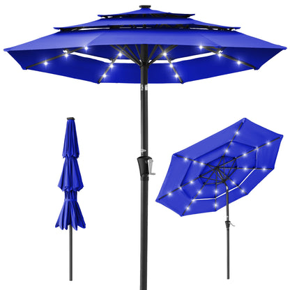 10ft 3-Tier Solar Patio Umbrella with Crank, Tilt Feature & 24 LED Lights