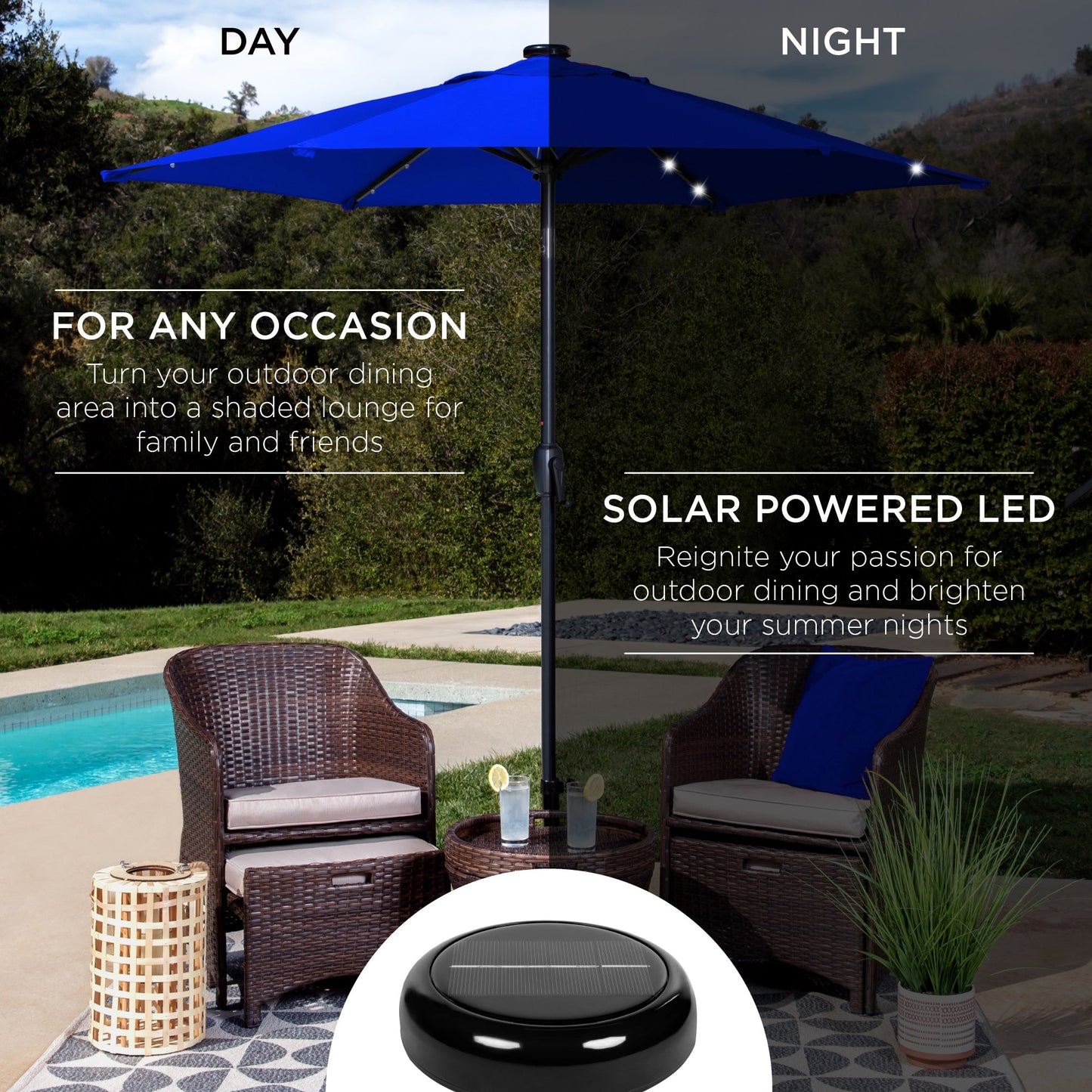 Outdoor Solar Patio Umbrella w/ Push Button Tilt, Crank Lift - 7.5ft