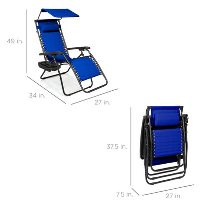 Folding Zero Gravity Recliner Patio Lounge Chair w/ Canopy, Side Tray