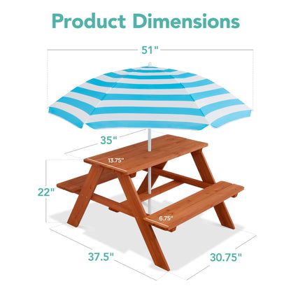 Kids Wooden Outdoor Picnic Table w/ Adjustable Umbrella, Built-In Seats