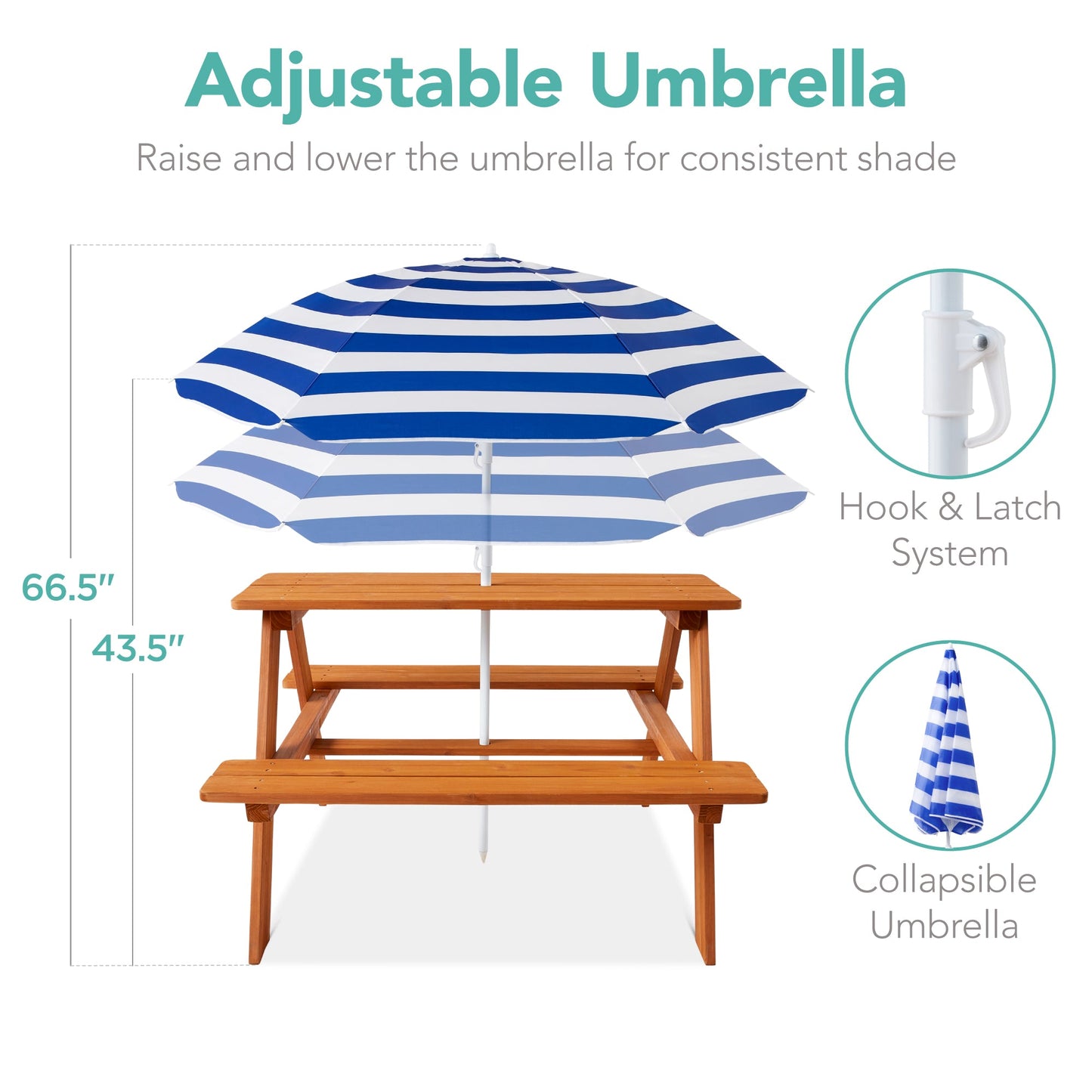 Kids Wooden Outdoor Picnic Table w/ Adjustable Umbrella, Built-In Seats