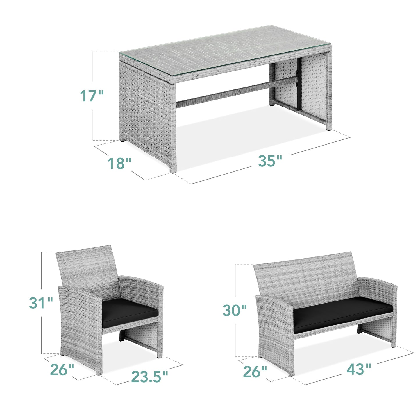 Modular 4-Piece Wicker Patio Conversation Set with Glass-Top Table and Cushions