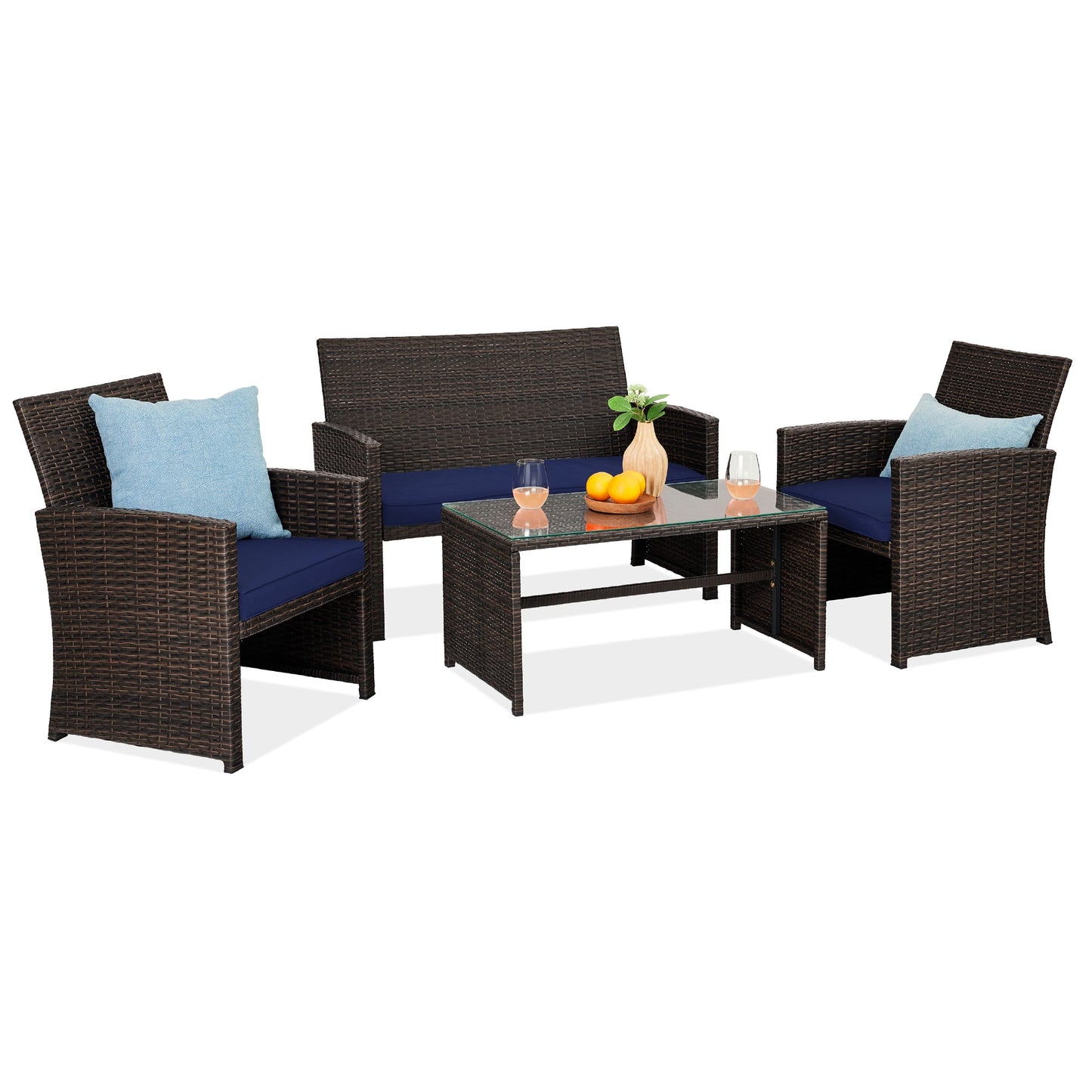 Modular 4-Piece Wicker Patio Conversation Set with Glass-Top Table and Cushions