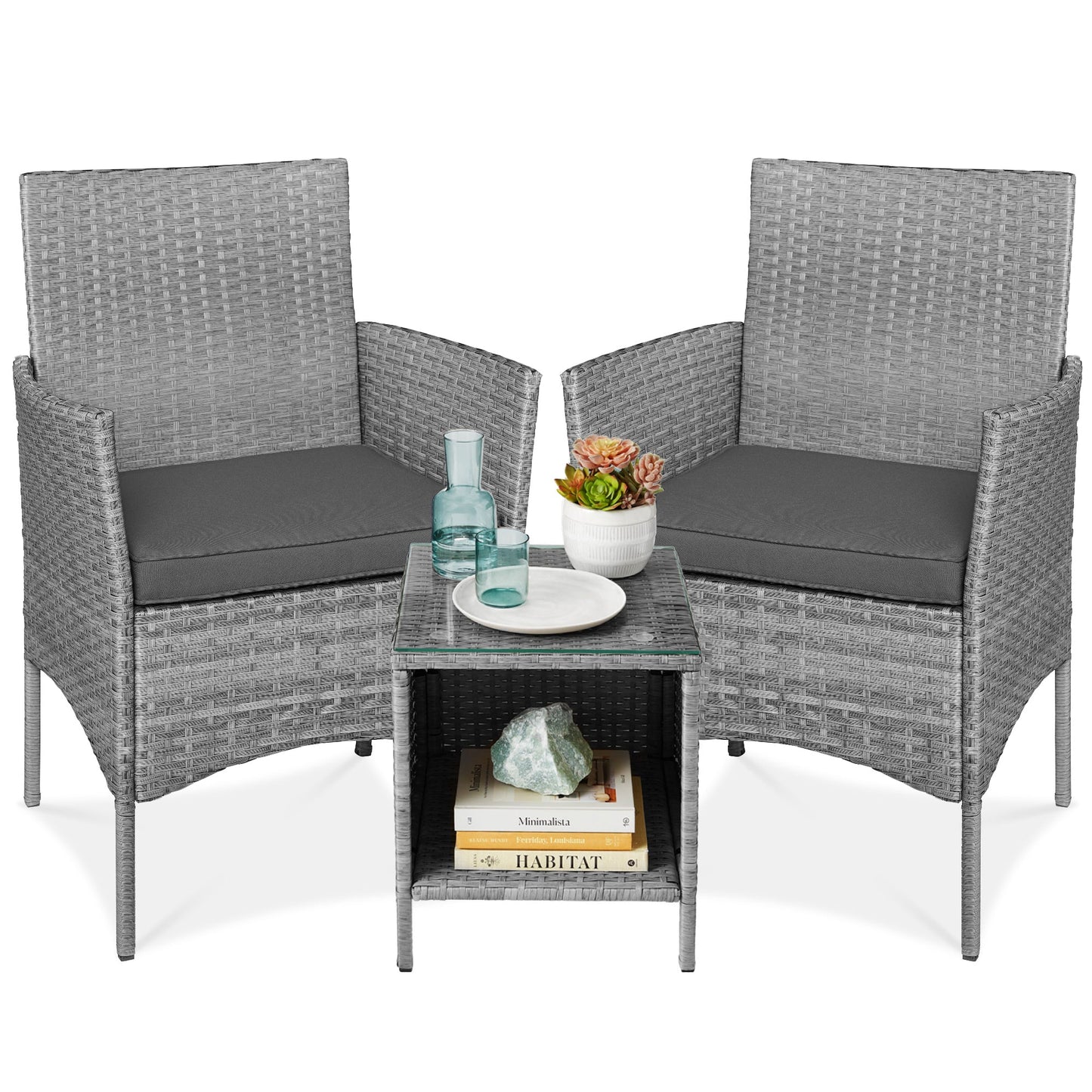 3-Piece All-Weather Wicker Bistro Set with Storage and Cushions