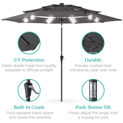 10ft 3-Tier Solar Patio Umbrella with Crank, Tilt Feature & 24 LED Lights