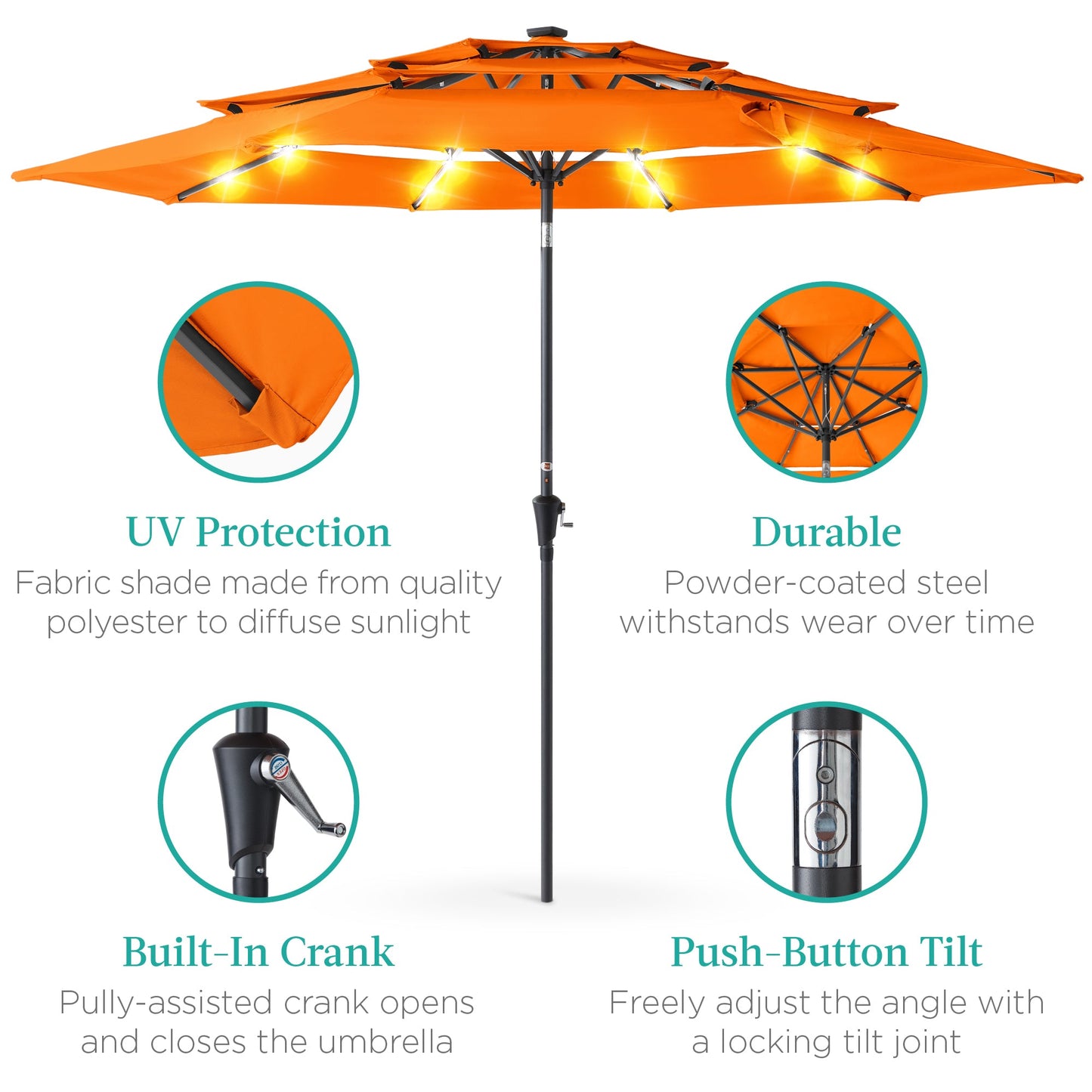 10ft 3-Tier Solar Patio Umbrella with Crank, Tilt Feature & 24 LED Lights