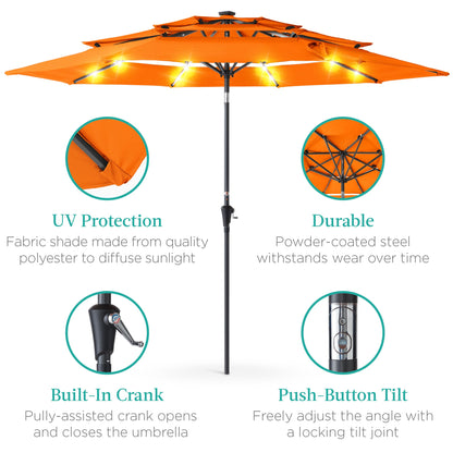 10ft 3-Tier Solar Patio Umbrella with Crank, Tilt Feature & 24 LED Lights