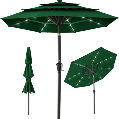 10ft 3-Tier Solar Patio Umbrella with Crank, Tilt Feature & 24 LED Lights