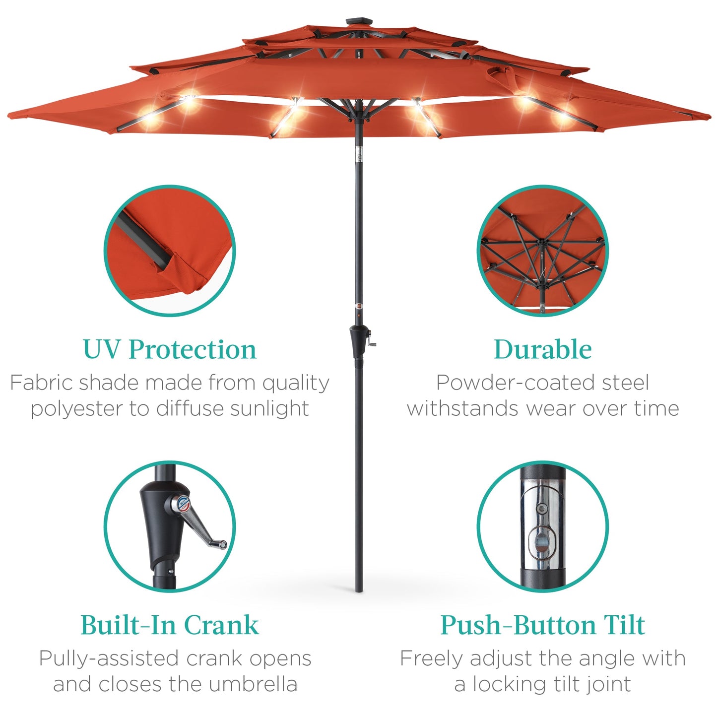 10ft 3-Tier Solar Patio Umbrella with Crank, Tilt Feature & 24 LED Lights