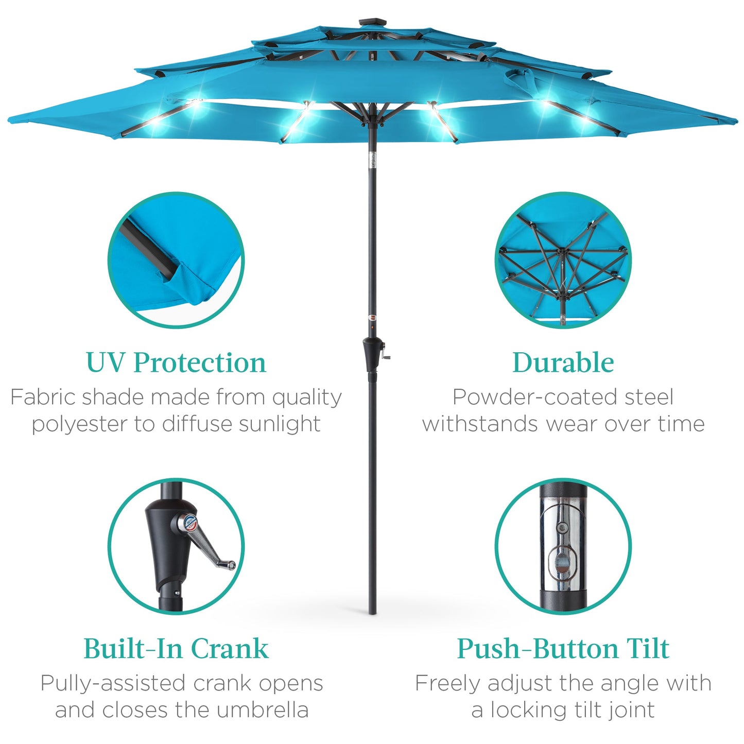 10ft 3-Tier Solar Patio Umbrella with Crank, Tilt Feature & 24 LED Lights