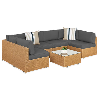 Modular 7-Piece Outdoor Wicker Sectional Set with Pillows and Cover