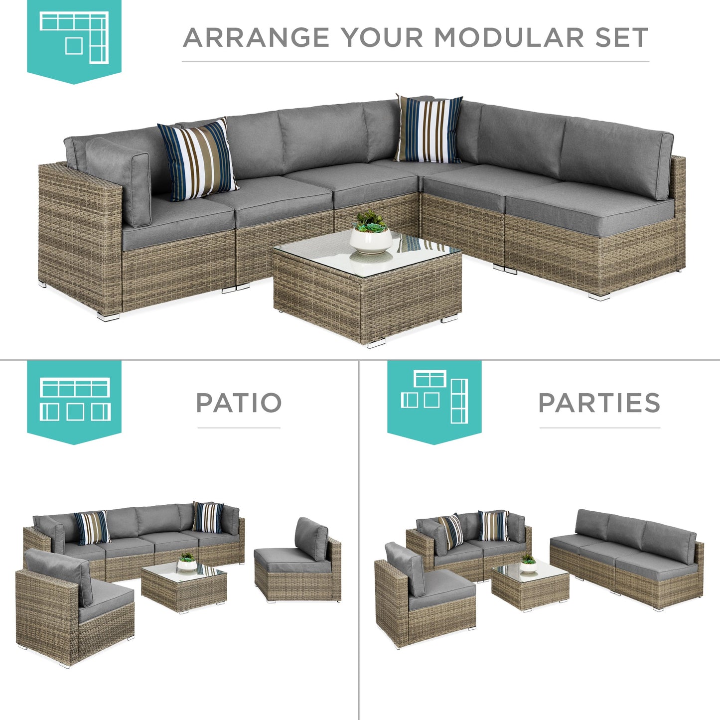 Modular 7-Piece Outdoor Wicker Sectional Set with Pillows and Cover