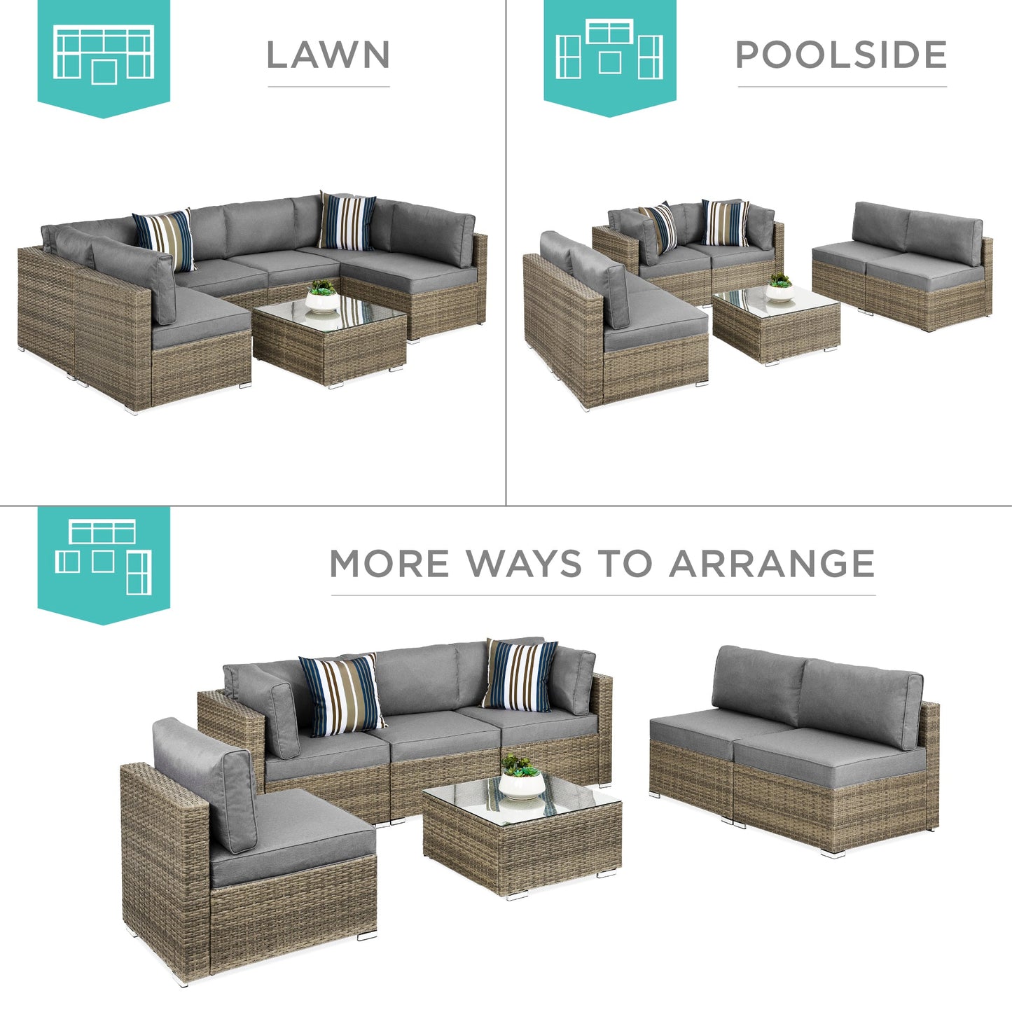 Modular 7-Piece Outdoor Wicker Sectional Set with Pillows and Cover