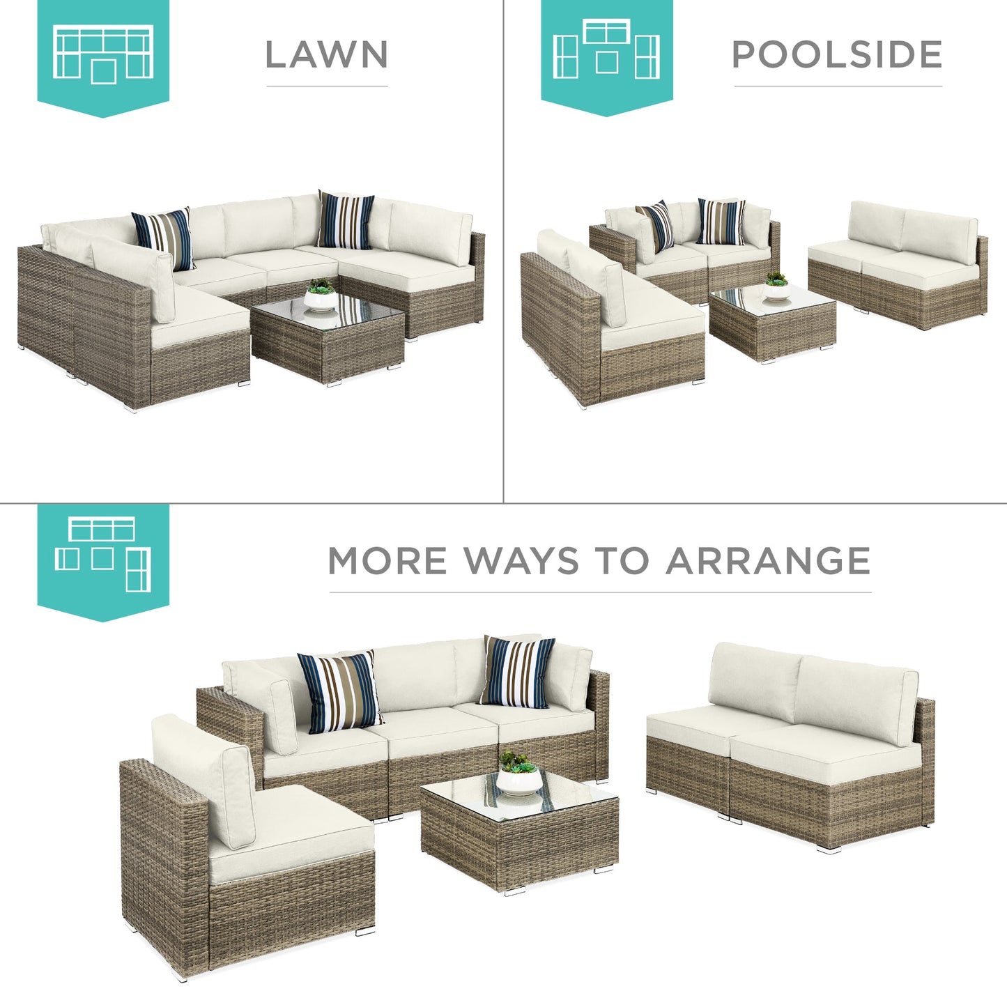 Modular 7-Piece Outdoor Wicker Sectional Set with Pillows and Cover