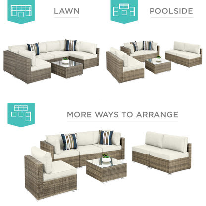 Modular 7-Piece Outdoor Wicker Sectional Set with Pillows and Cover