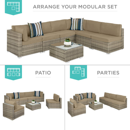 Modular 7-Piece Outdoor Wicker Sectional Set with Pillows and Cover