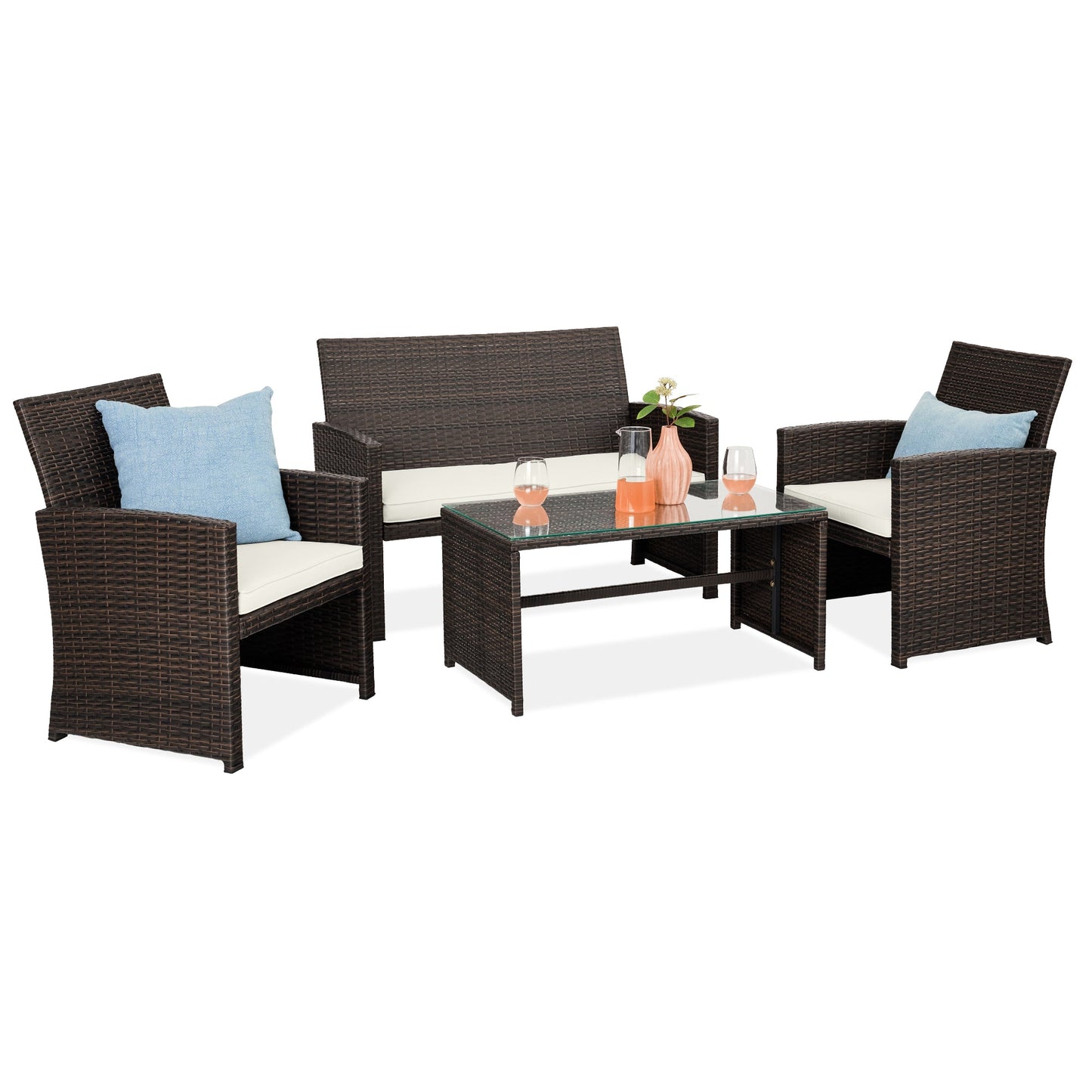 Modular 4-Piece Wicker Patio Conversation Set with Glass-Top Table and Cushions