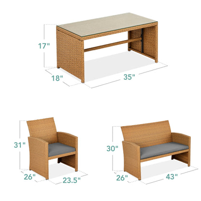 Modular 4-Piece Wicker Patio Conversation Set with Glass-Top Table and Cushions