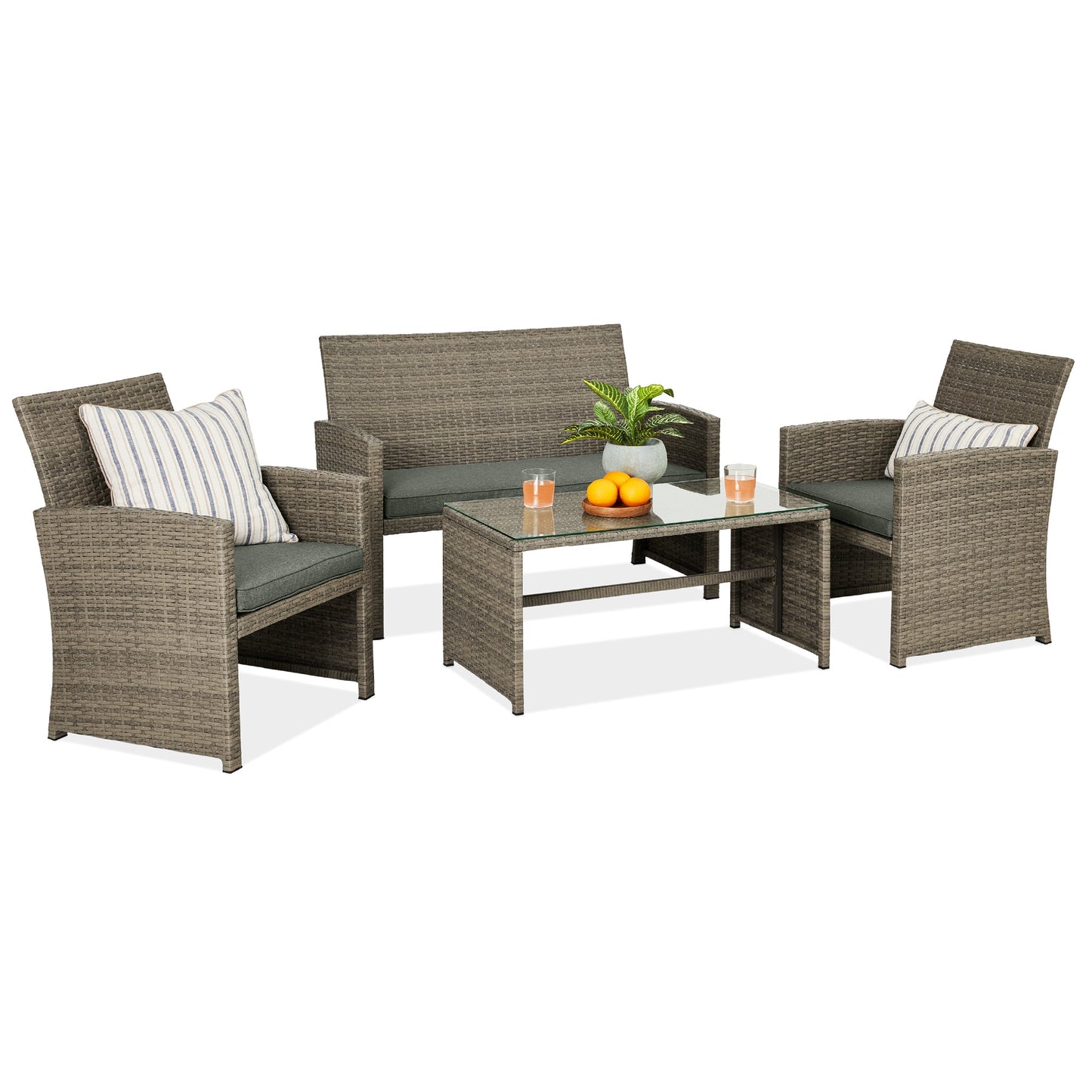 Modular 4-Piece Wicker Patio Conversation Set with Glass-Top Table and Cushions