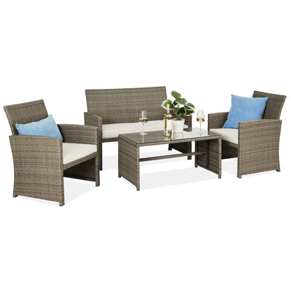 Modular 4-Piece Wicker Patio Conversation Set with Glass-Top Table and Cushions