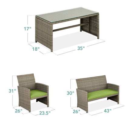 Modular 4-Piece Wicker Patio Conversation Set with Glass-Top Table and Cushions