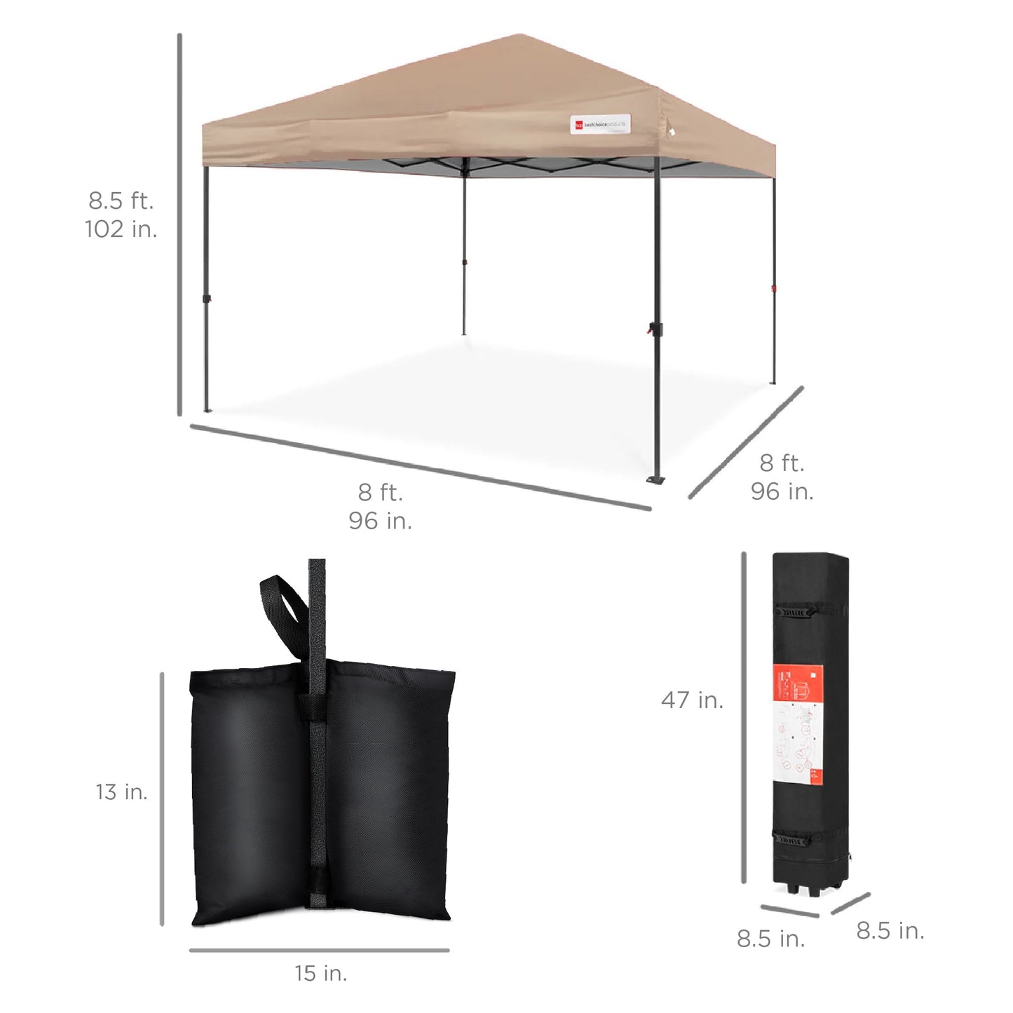 One-Person Setup Instant Pop Up Canopy w/ Case, 4 Weight Bags - 8x8ft