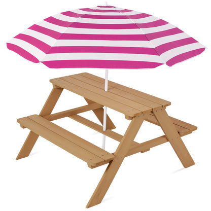 Kids Wooden Outdoor Picnic Table w/ Adjustable Umbrella, Built-In Seats