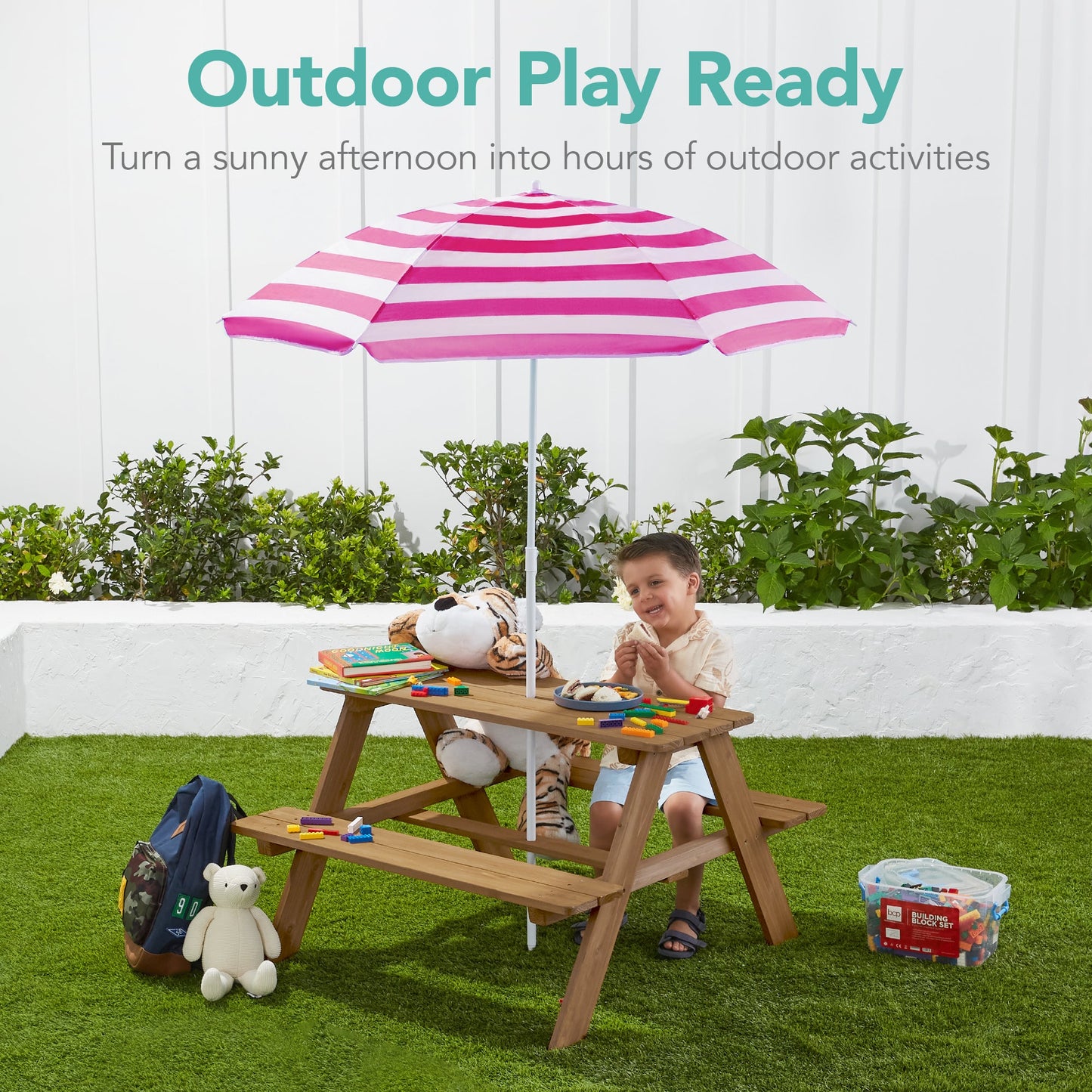 Kids Wooden Outdoor Picnic Table w/ Adjustable Umbrella, Built-In Seats