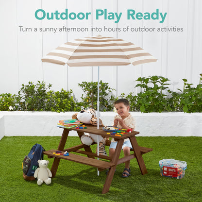 Kids Wooden Outdoor Picnic Table w/ Adjustable Umbrella, Built-In Seats