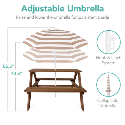 Kids Wooden Outdoor Picnic Table w/ Adjustable Umbrella, Built-In Seats