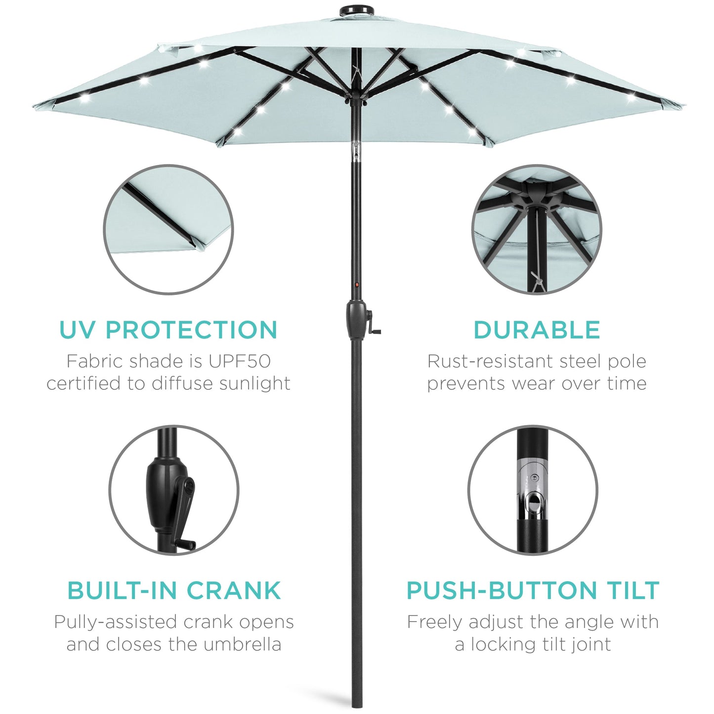 Outdoor Solar Patio Umbrella w/ Push Button Tilt, Crank Lift - 7.5ft