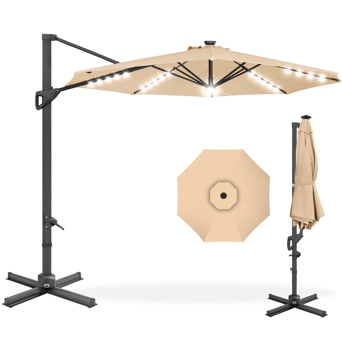 10ft 360-Degree Rotating Solar LED Offset Patio Umbrella with Adjustable Tilt