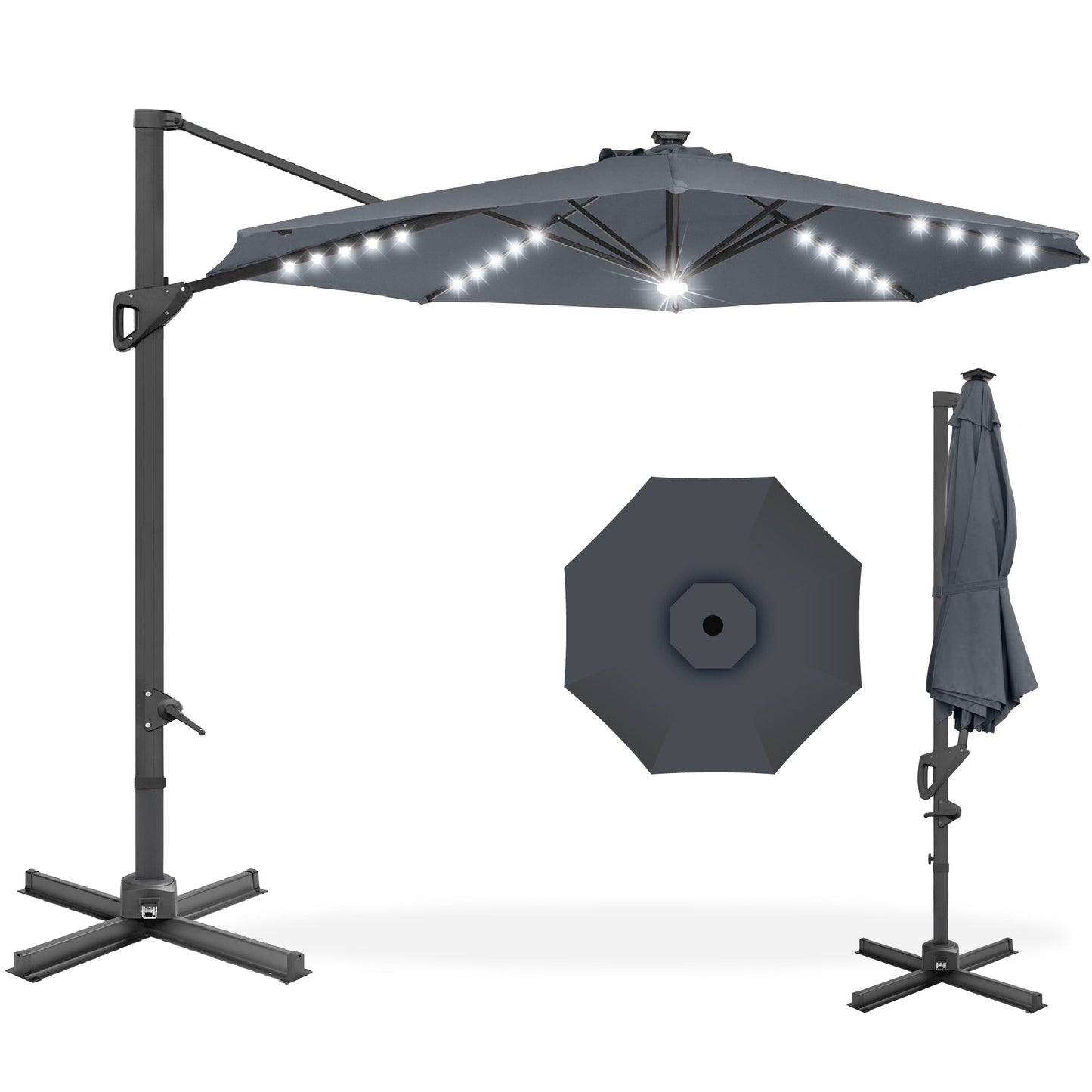 10ft 360-Degree Rotating Solar LED Offset Patio Umbrella with Adjustable Tilt